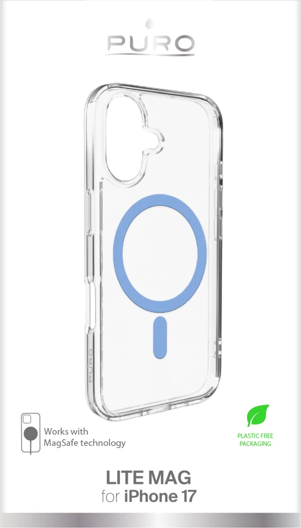 Mbështjellës Puro Lite Mag për iPhone 17, MagSafe, transparent me unazë blu