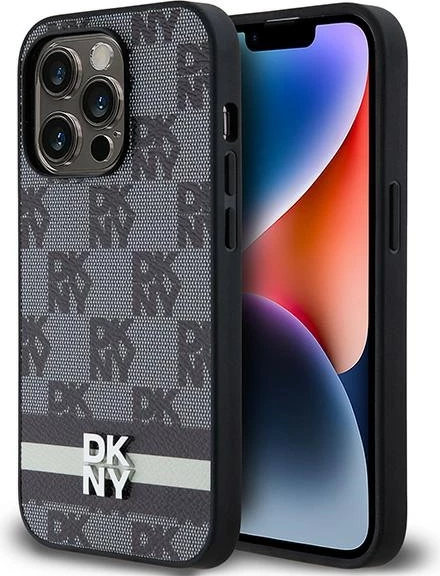 Mbështjellës DKNY Leather Checkered Mono Pattern & Printed Stripes për iPhone 14 Pro, i zi