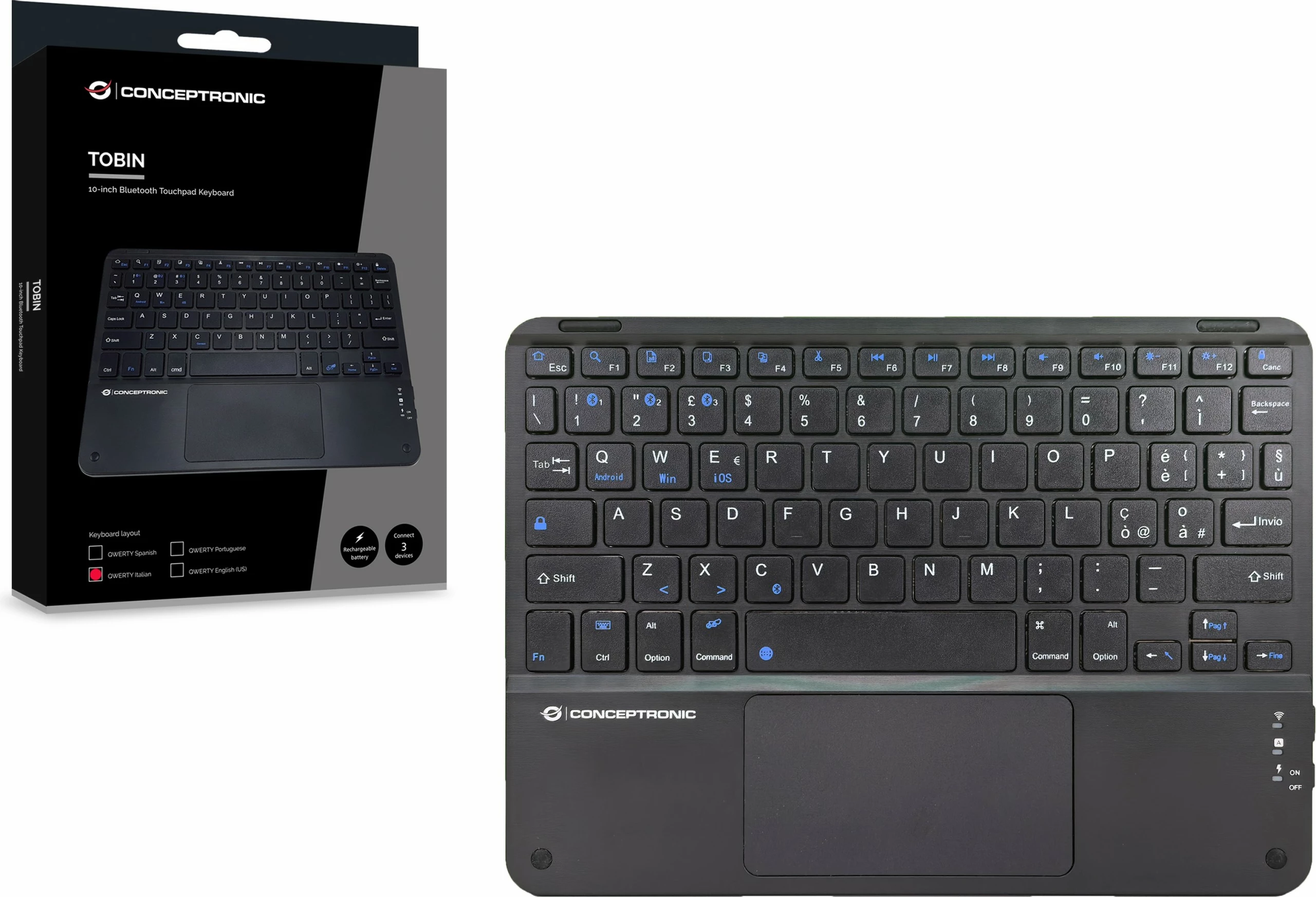 Tastierë wireless Conceptronic, QWERTY italian, touchpad, Bluetooth, e zezë