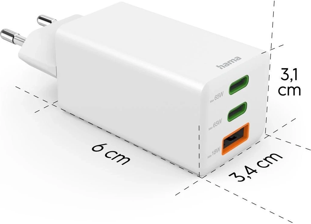 Karikues Hama mini GaN 65W PD/QC 2x USB-C, 1x USB-A, bardhë
