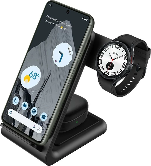 Karikues wireless 3-në-1 CRONG PowerSpot, për telefon, Galaxy Watch dhe kufje TWS, i zi