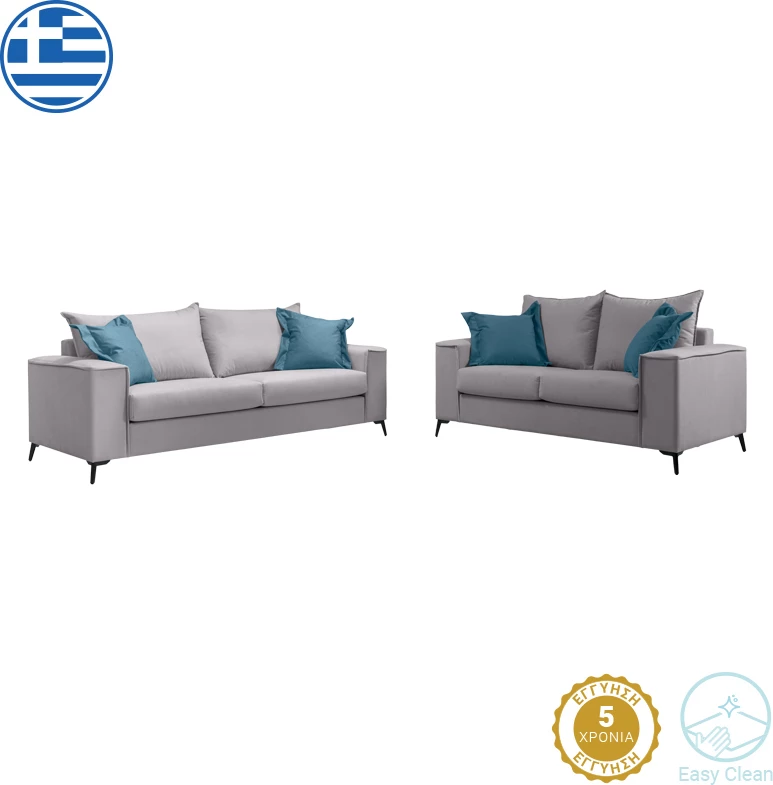 Set divanësh Verona 2 copë, pëlhurë gri e çelët me jastëkë ngjyrë blu