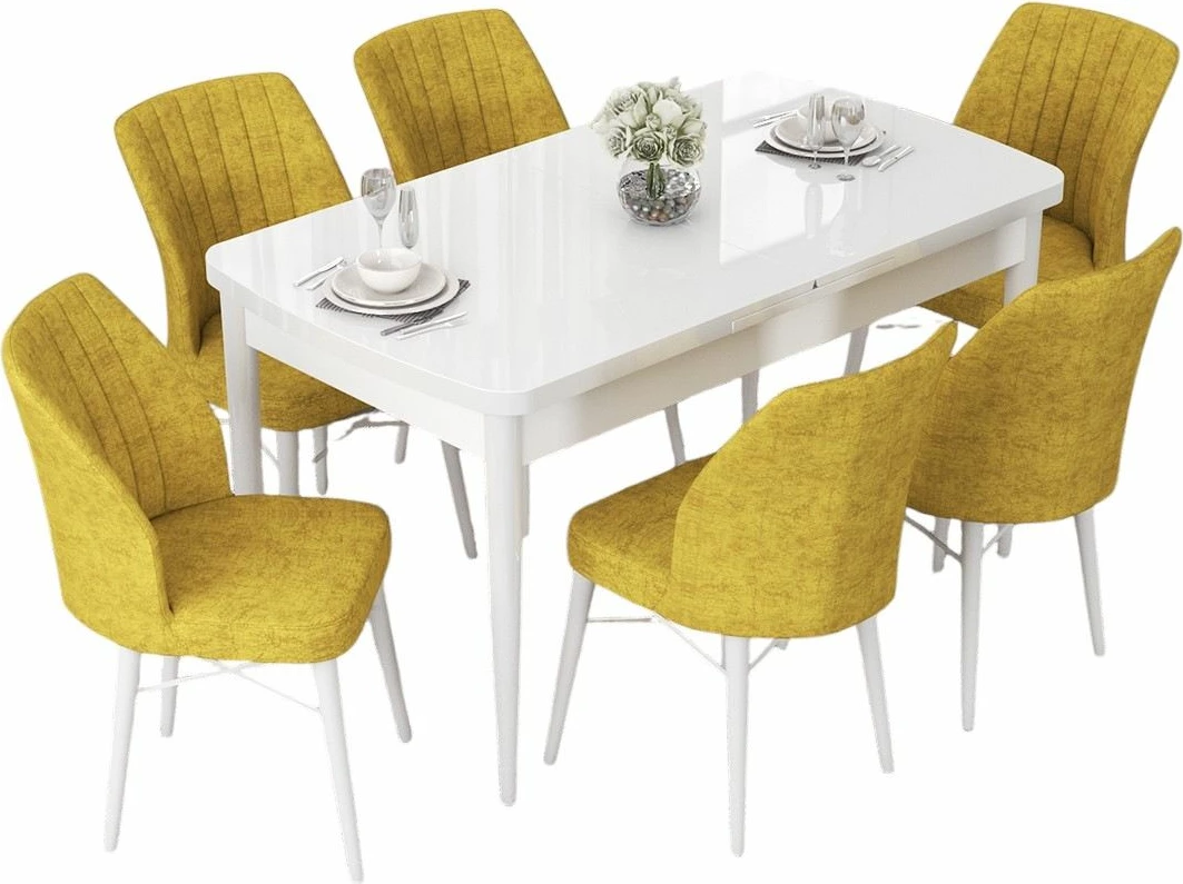 Tavolinë me karrige, zgjatshme, 7 copë, Skye Decor, e bardhë, mustard