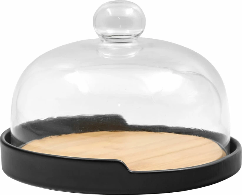 Enë për ëmbëlsira me kapak, porcelan i zi, bambu natyral, 21x21x16.5cm