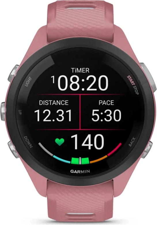 Smartwatch Garmin Forerunner® 265S Black Bezel, Light Pink Case, Light Pink/Dusty Grey Silicone Strap, 42 mm