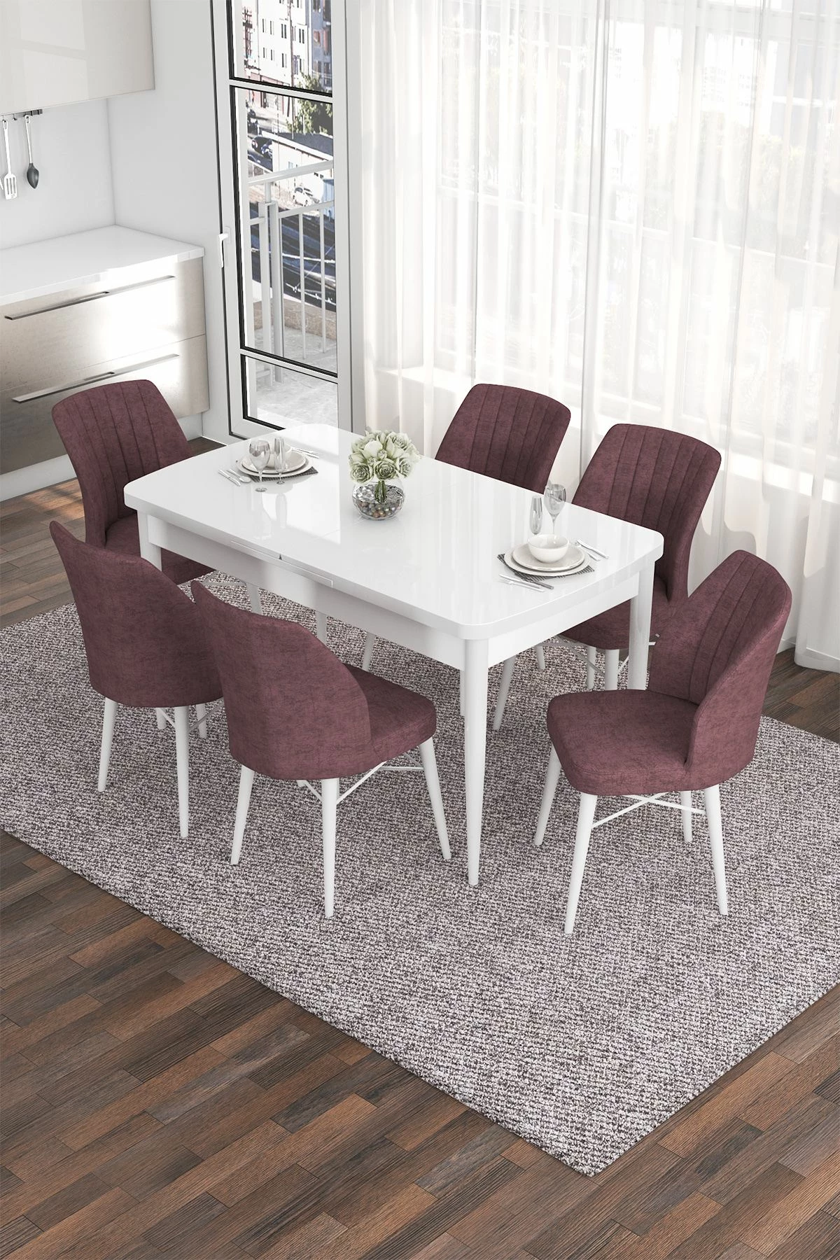 Tavolinë me karrige për ngrënie, e zgjatshme, 7 copë, e bardhë dhe rozë e zbehtë, Skye Decor, Eva