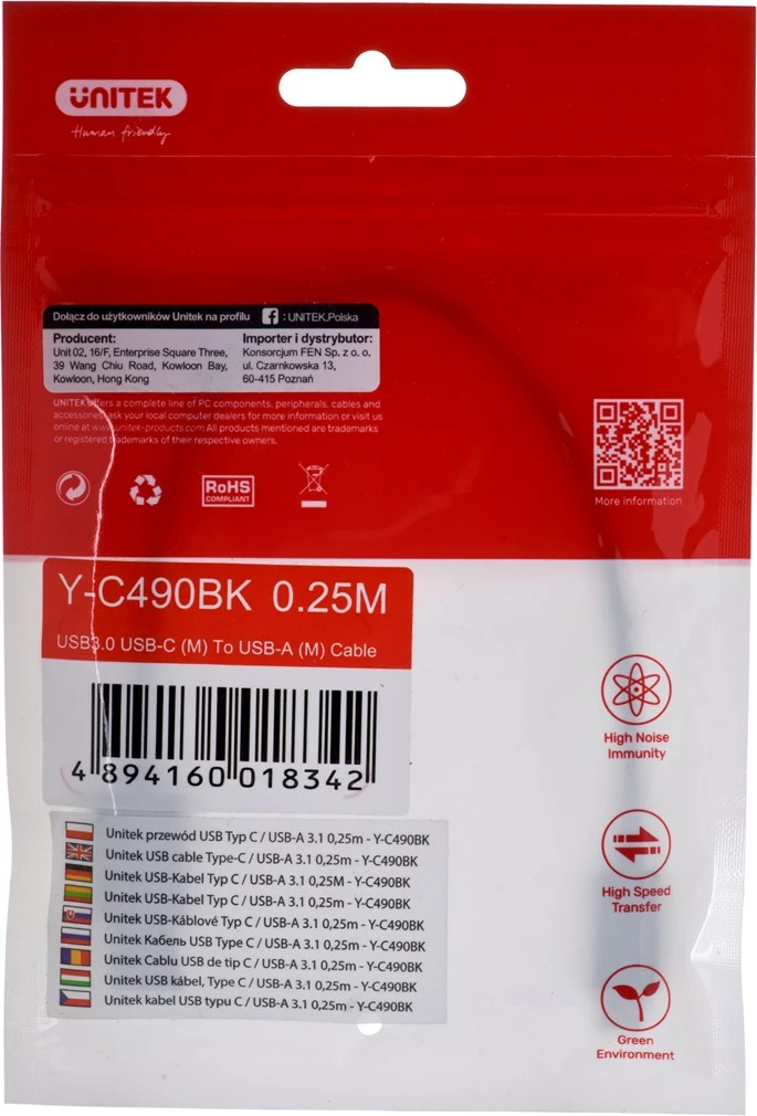 Kabllo  Unitek USB-C - USB-A, 0.25 m, e zezë