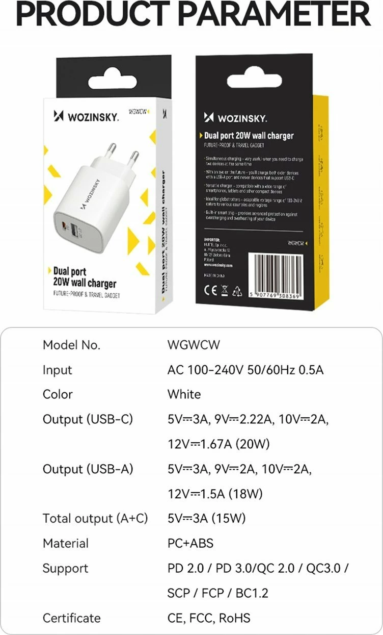 Karikues rrjeti Wozinsky WGWCW 20W USB-A + USB-C, 2 porta, i bardhë