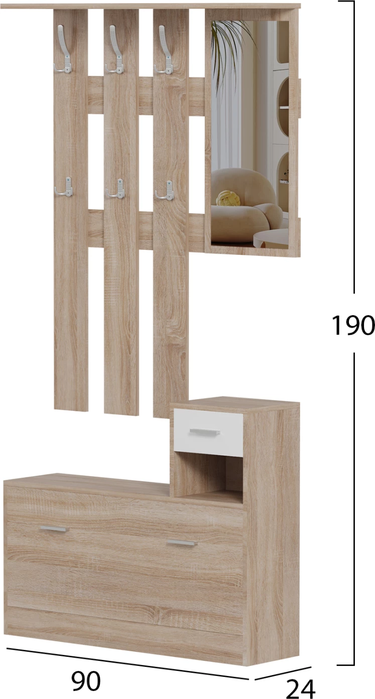 Set për hyrje me pasqyrë GORN FH2473.04 melaminë në ngjyrë Sonama-Bardhë 90x24x190Hcm