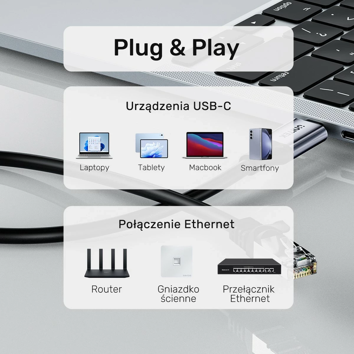 Kabëll Ethernet Unitek USB C RJ-45 LAN, 1m, zi-argjendtë