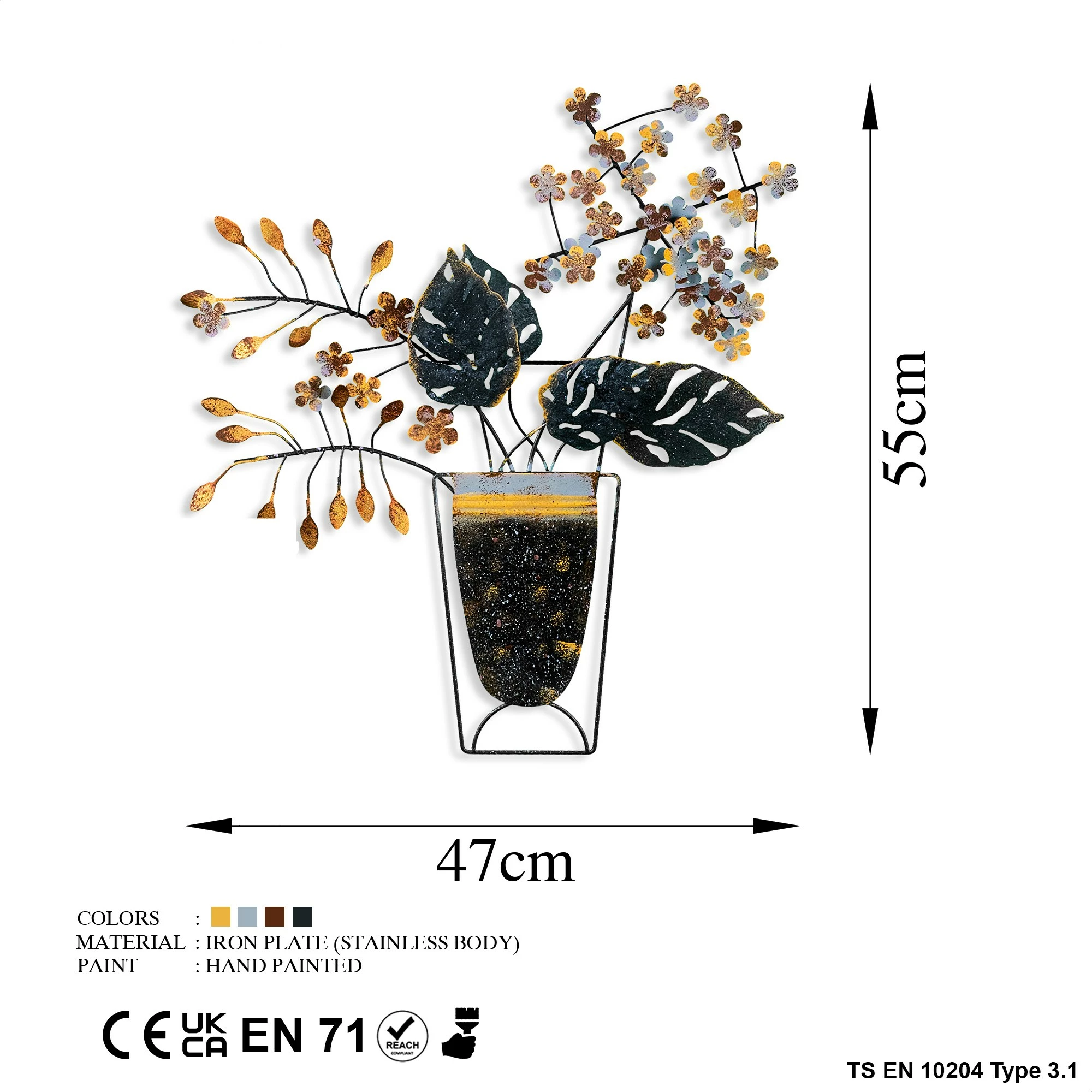 Aksesor dekorativ metalik për mur, lule në vazo, Wallity, shumëngjyrësh