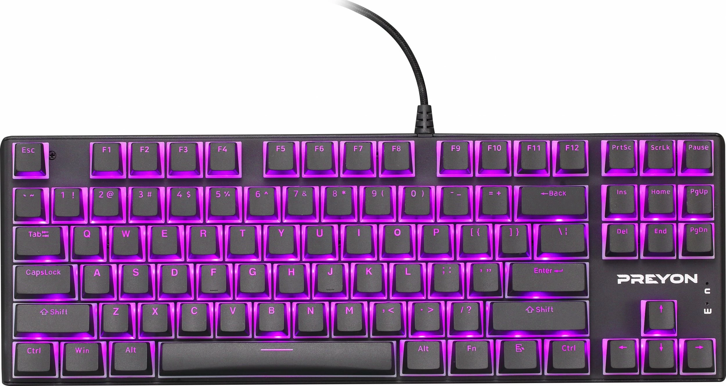 Tastierë mekanike gaming PREYON Blue Blitz Claw PBBC87B, TKL 80%, Gateron Blue, RGB, USB, e zezë, set me keycaps shtesë
