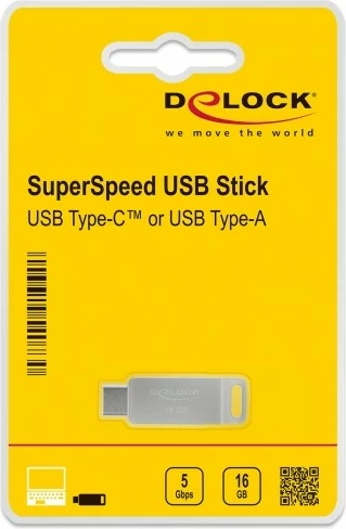 USB stick DeLOCK 16GB, USB 3.2 Gen 1, USB-C + Typ-A, metalik