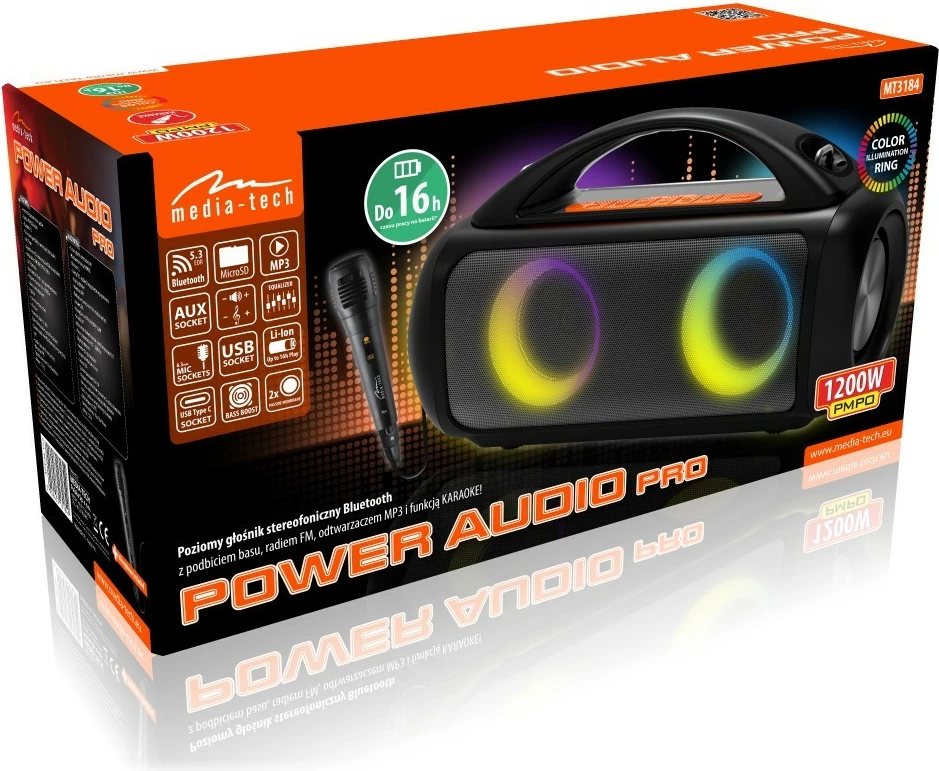 Altaparlant portativ Media-Tech POWER AUDIO PRO MT3184 me Bluetooth, Karaoke, 16h, i zi/portokalli