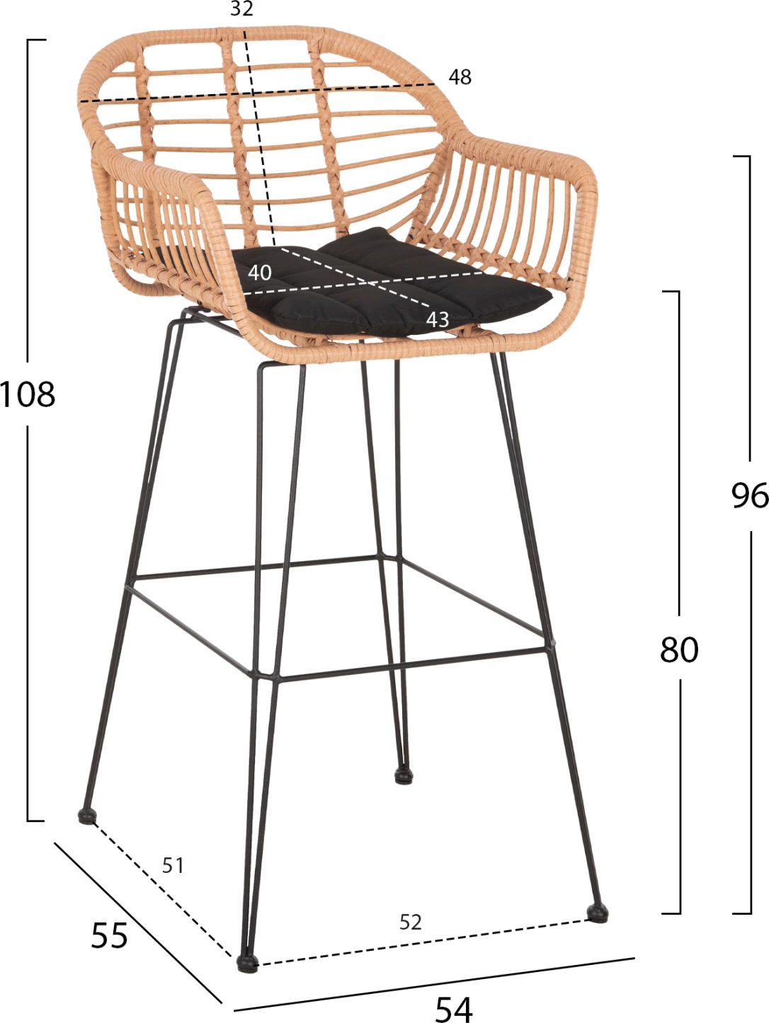 Karrige për bar ALLEGRA FH5640.11 P.E.RATTAN ngjyrë bezhë-metal i zi 54x55x108Hcm