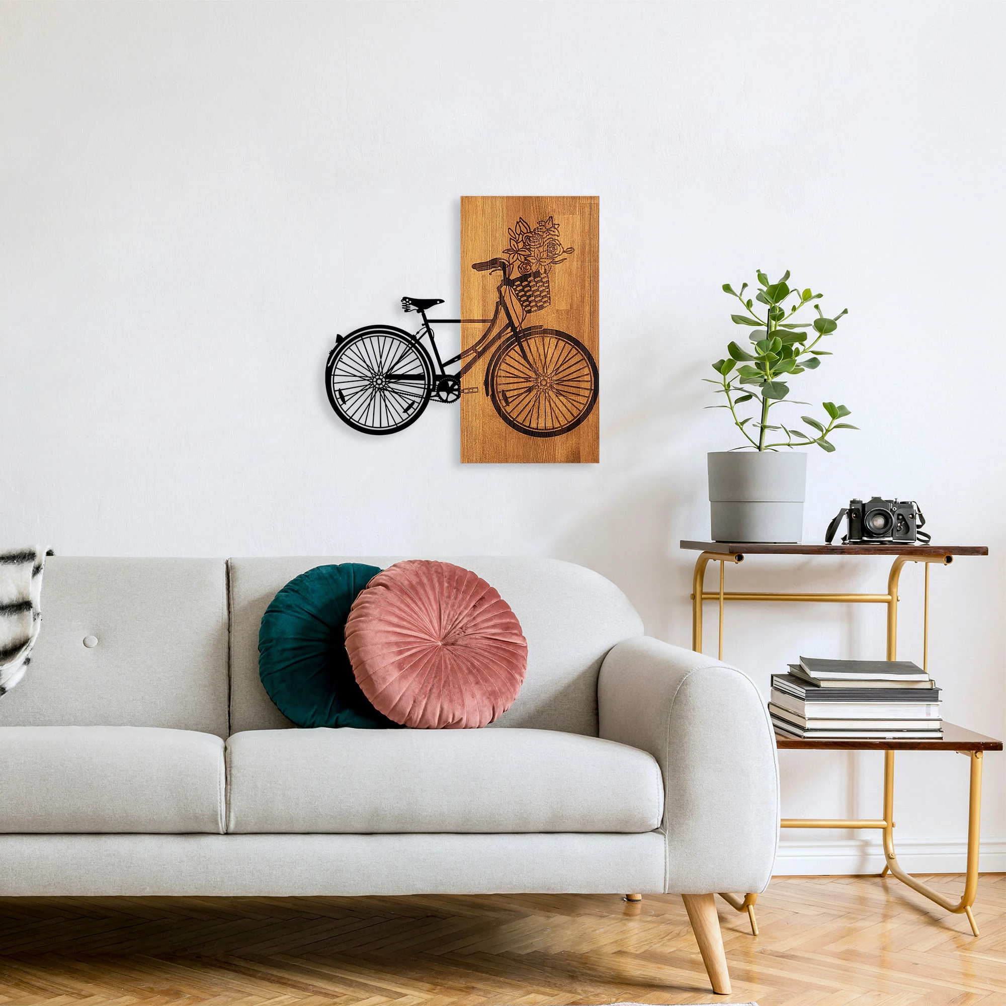 Aksesor dekorativ muri prej druri, Wallity, biçikletë historike me lule, ngjyrë arre dhe e zezë, M - 377, 58x60cm