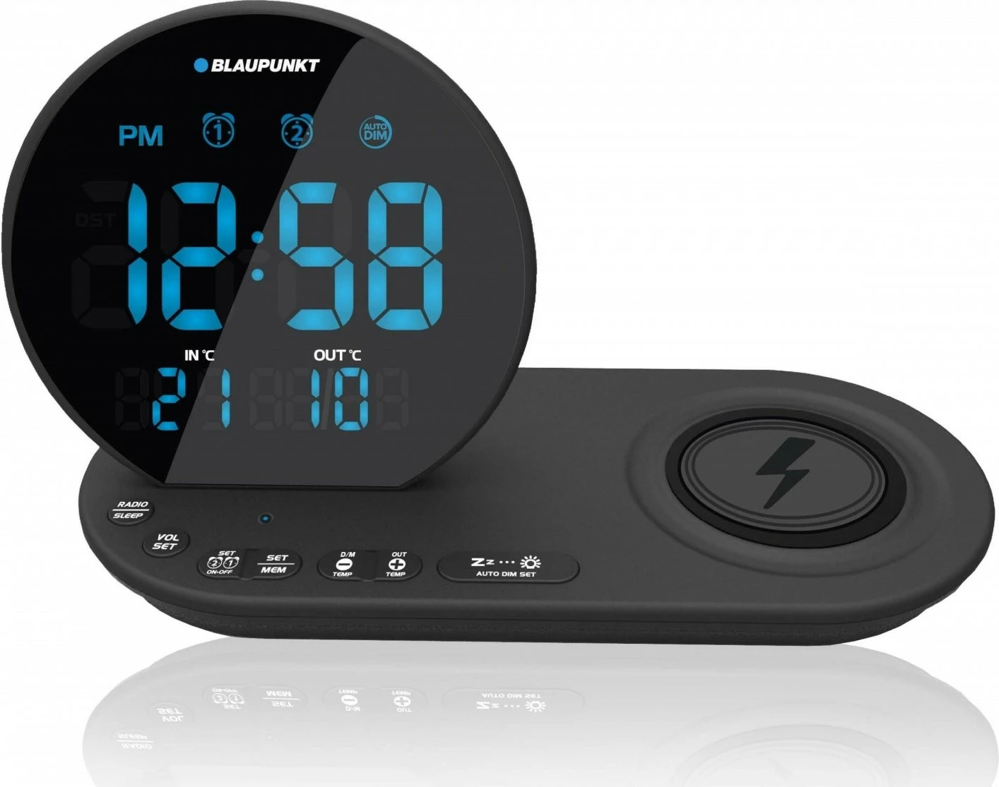 Radiobudil Blaupunkt CR85BK me FM, alarm të dyfishtë, karikim wireless, matje temperature, e zezë
