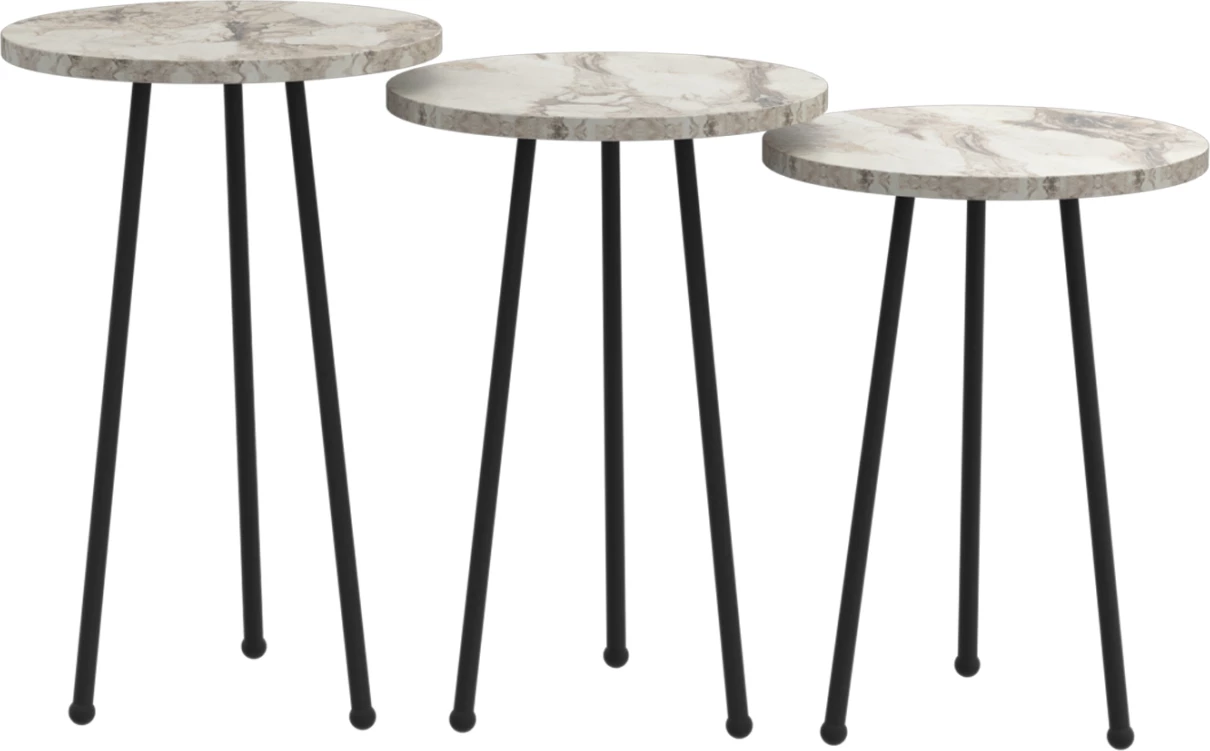 Set tavolina anësore të rrumbullakëta, ngjyrë mermeri të bardhë, këmbë metali të zeza, KISSA FH18174.01