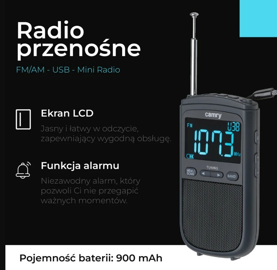 Radio portabile Camry CR1905, FM/AM, ekran LCD, USB-C, e zezë