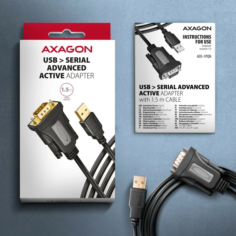 Adapter AXAGON ADS-1PQN USB 2.0 në RS-232, 1.5m, FTDI, i zi