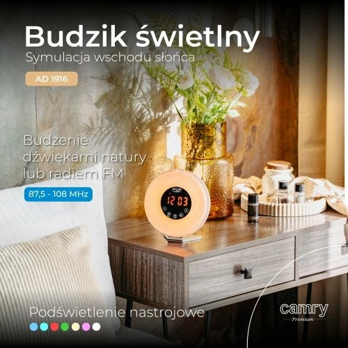 Orë alarmi me dritë Adler AD 1916, simulim lindje dielli, FM radio, USB-C, ndriçim ambient 6 ngjyra, multikolor