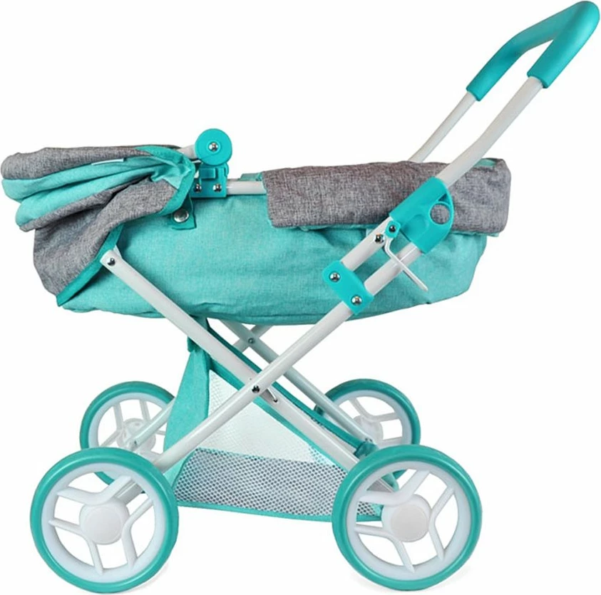 Karrocë për kukulla, Milly Mally, Alice Prestige, e thellë me djep të heqshëm për kukulla deri 40 cm, palosëse 67 cm, turkeze