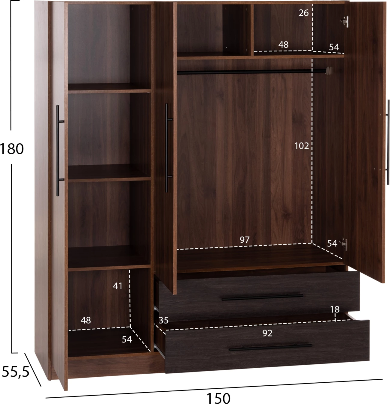 Dollap me 3 dyer, 2 sirtarë, ngjyrë arrë/wenge, CARYS FH746.11, 150x55.5x160cm