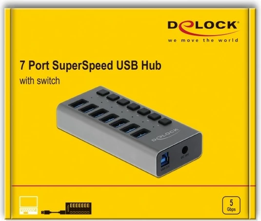 USB hub DeLOCK 7 porta, USB 3.2 Gen 1, alumini, 1m, hiri