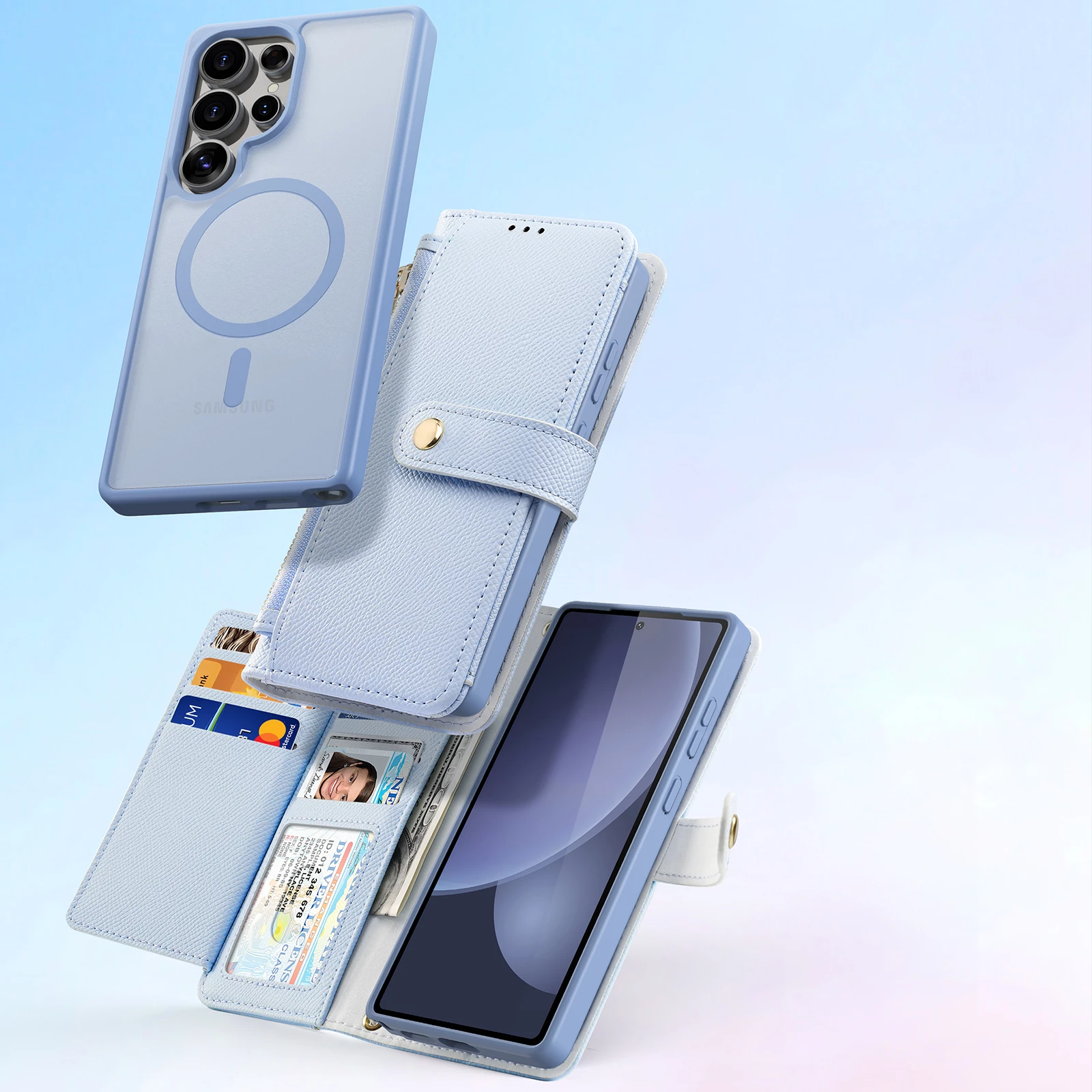 Mbështjellës Dux Ducis Lawa për Samsung Galaxy S25 Ultra, lëkurë, me portofol magnetik të ndashëm, kaltër