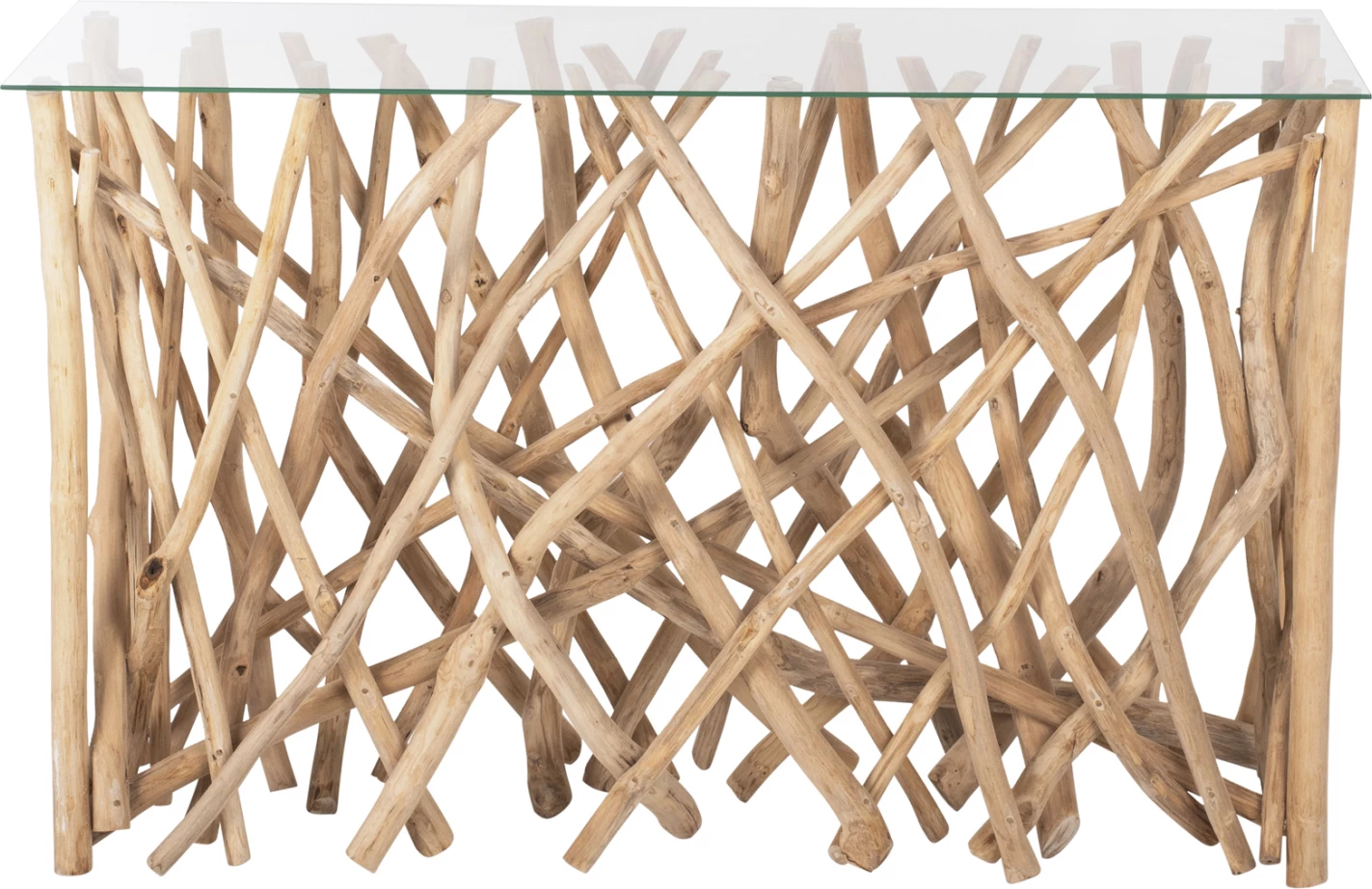 Konsolë në stil rustik, degë teak të ngurta, ngjyrë natyrale & xham, 120x35x75H cm, FH9373