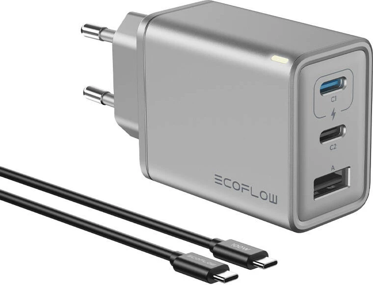Karikues rrjeti EcoFlow RAPID 65W GaN, 2x USB-C, 1x USB-A, argjendtë-e zezë, me kabllo 1m