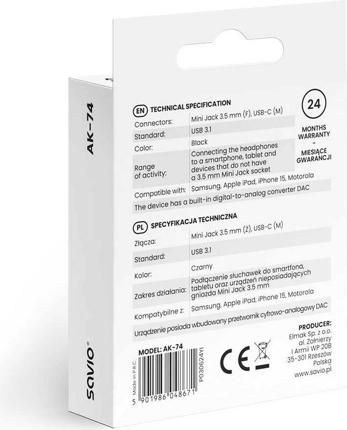 Adapter audio Savio AK-74, USB-C në 3.5mm, i zi