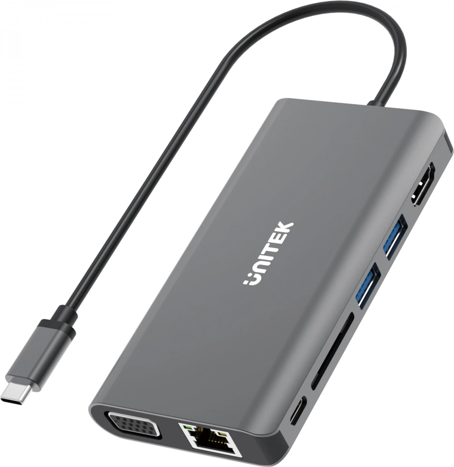 Përshtatës Hub Unitek USB-C, 8 në 1, 100W, hiri
