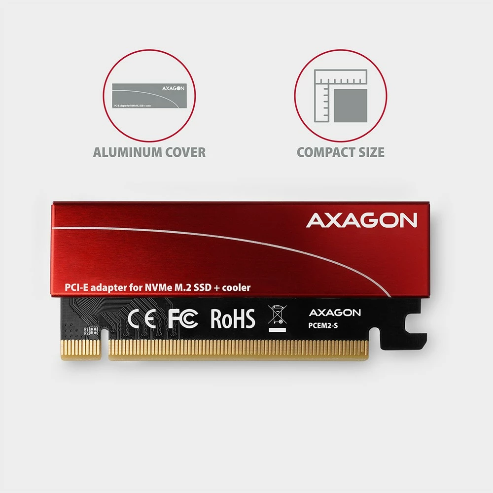 Kasë adapter AXAGON PCEM2-S për NVMe M.2 SSD, PCIe x16, me mbulesë alumini, e kuqe