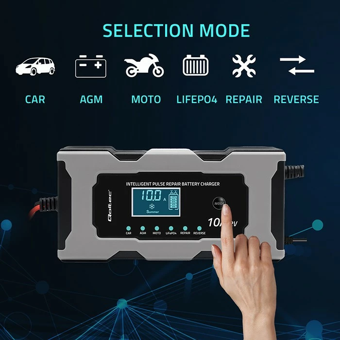 Karikues baterie mikroprocesorik, Qoltec 52493, 12V 10A, funksion riparimi, për AGM/GEL/LiFePO4, LCD, zi/gri
