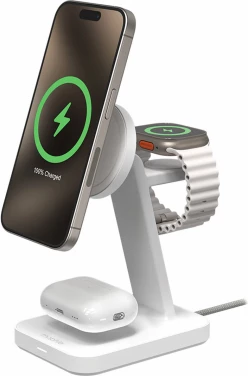 Stacion karikimi wireless Zagg Mophie Snap+ 3-in-1, për 3 pajisje, MagSafe & Qi2, Bardhë