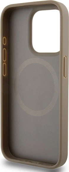 Mbështjellës DKNY Leather Printed Pattern Metal Logo MagSafe për iPhone 15 Pro, Kafe
