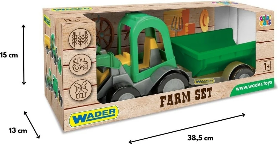 Set lodrash traktor me rimorkio Wader Color Cars, plastikë, 41 cm, Gri/E gjelbër/E verdhë
