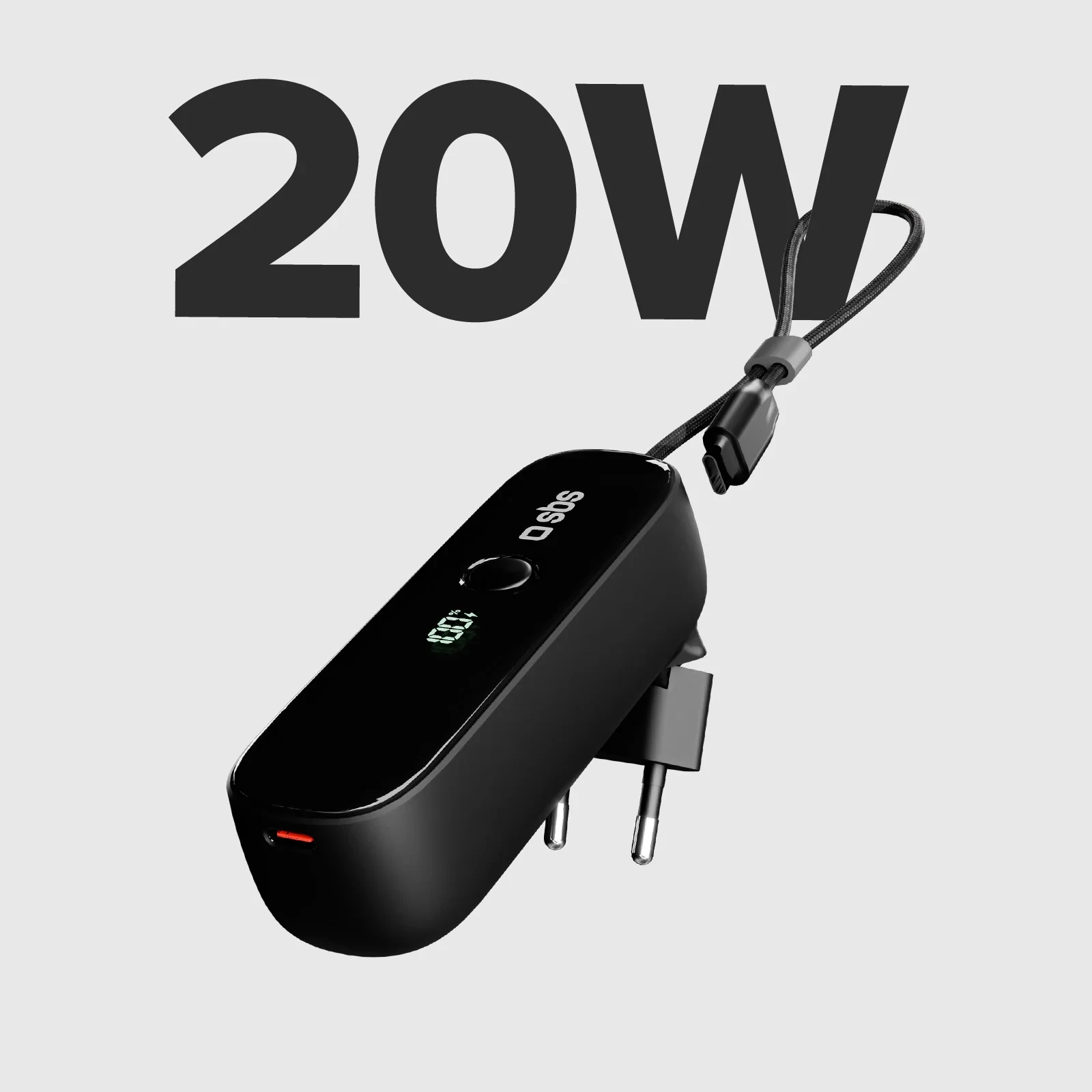 Power bank SBS Hybrid PD 20W 5000mAh me kabllo të integruar USB-C dhe prizë të palosshme, e zezë