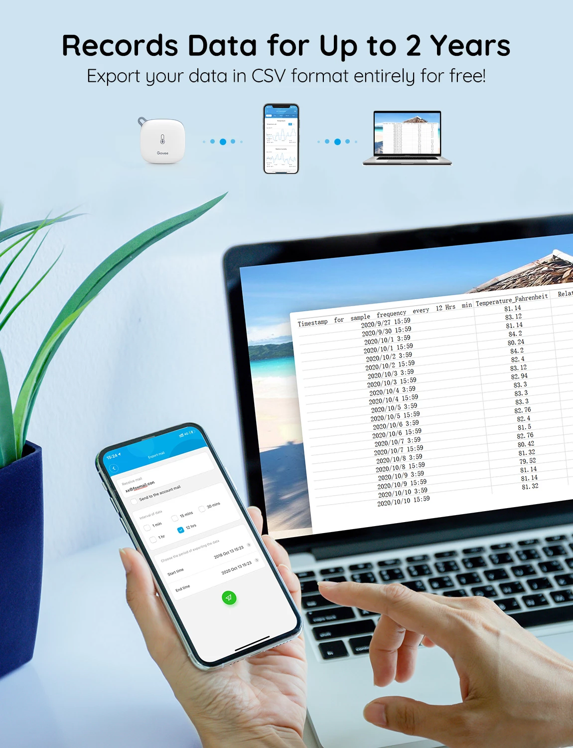 Termo-higrometër Wi‑Fi Govee H5179, Bluetooth, njoftime në aplikacion, i bardhë