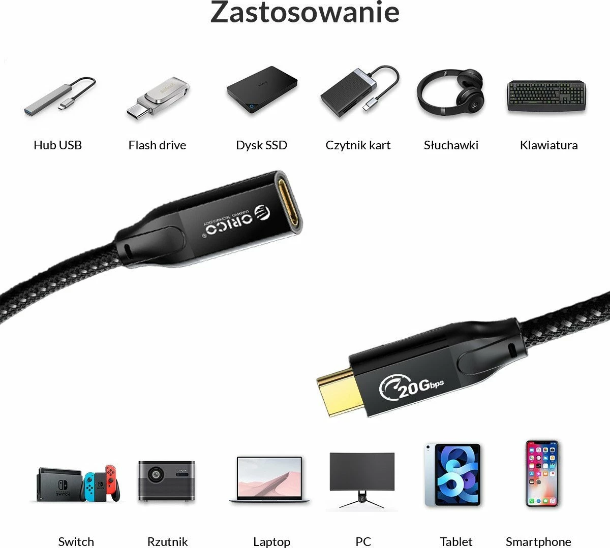 Kabllo zgjatëse USB‑C Orico CY32-10-BK-BP, 1 m, USB 3.2 Gen 2x2, 20 Gbps, 100 W, e zezë
