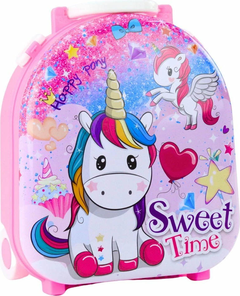Set bukurie LeanToys Unicorn Sweet Time Vanity Case 2in1, valixhe me rrota + toaletë, 25 x 21 x 11.5 cm, rozë