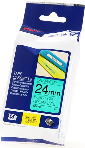 Shirit etiketues Brother TZe-751, 24 mm, i laminuar, 8 m, zi mbi jeshile