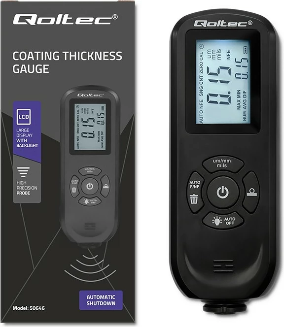 Matës trashësie boje Qoltec 50646, LCD i ndriçuar, 0-2000μm, i zi