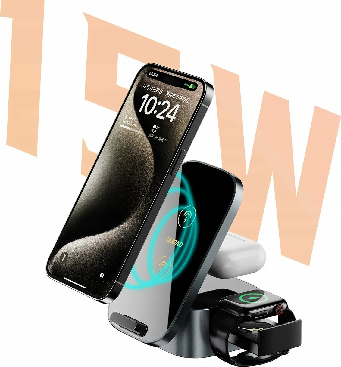 Karikues induktiv 3-në-1 Dudao A11Pro+ 15W, USB-C, i zi, pa kabllo