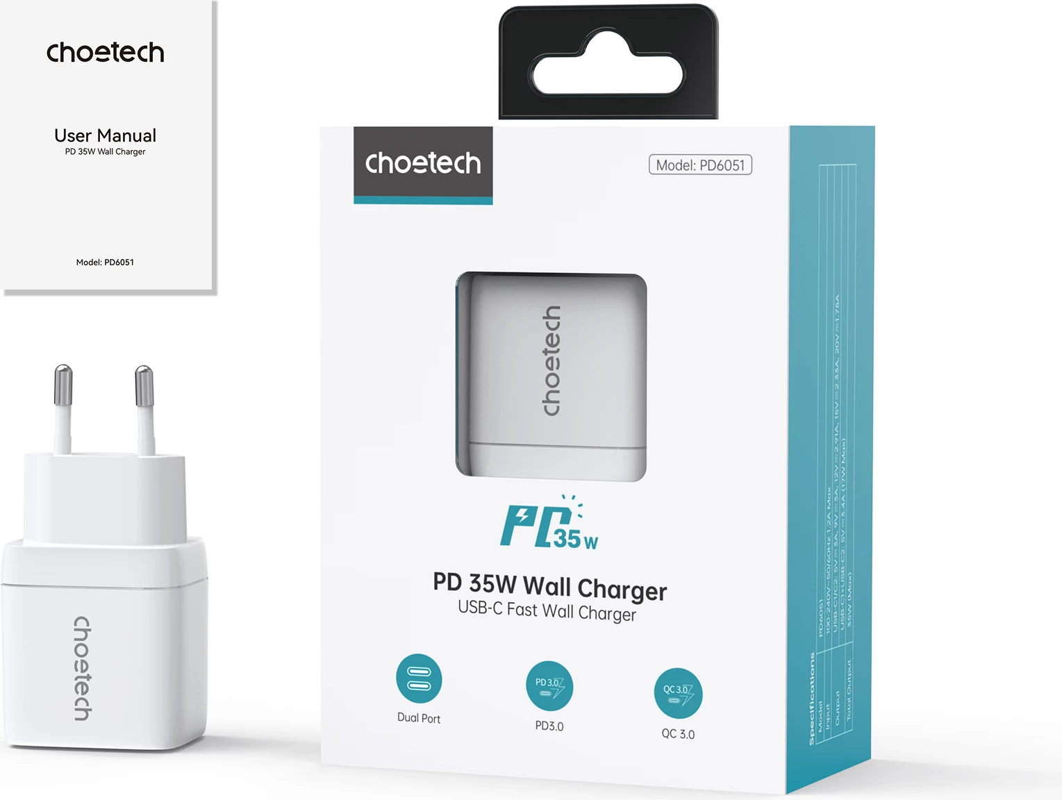 Karikues muri Choetech PD6051, 2x USB-C PD, 35W, me ekran, i bardhë