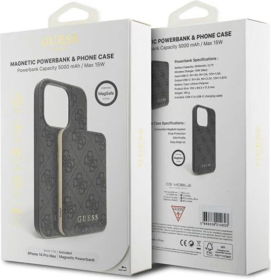 Mbështjellës Guess 4G Metal Logo me powerbank MagSafe 5000mAh për iPhone 14 Pro Max, Zi, Set