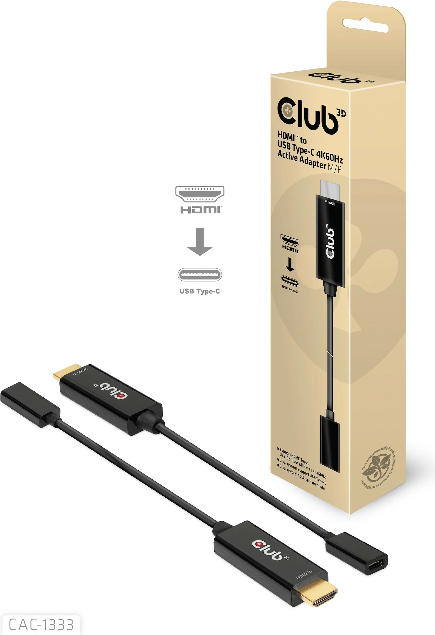 Adapter Club3D HDMI 2.0 në USB-C 4K60Hz, 0.22m, i zi