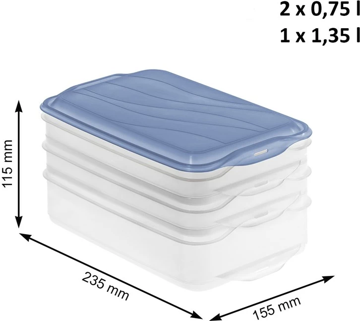 Enë ushqimore Rotho Rondo, 2 x 0.75l, 1 x 1.35l, Blu