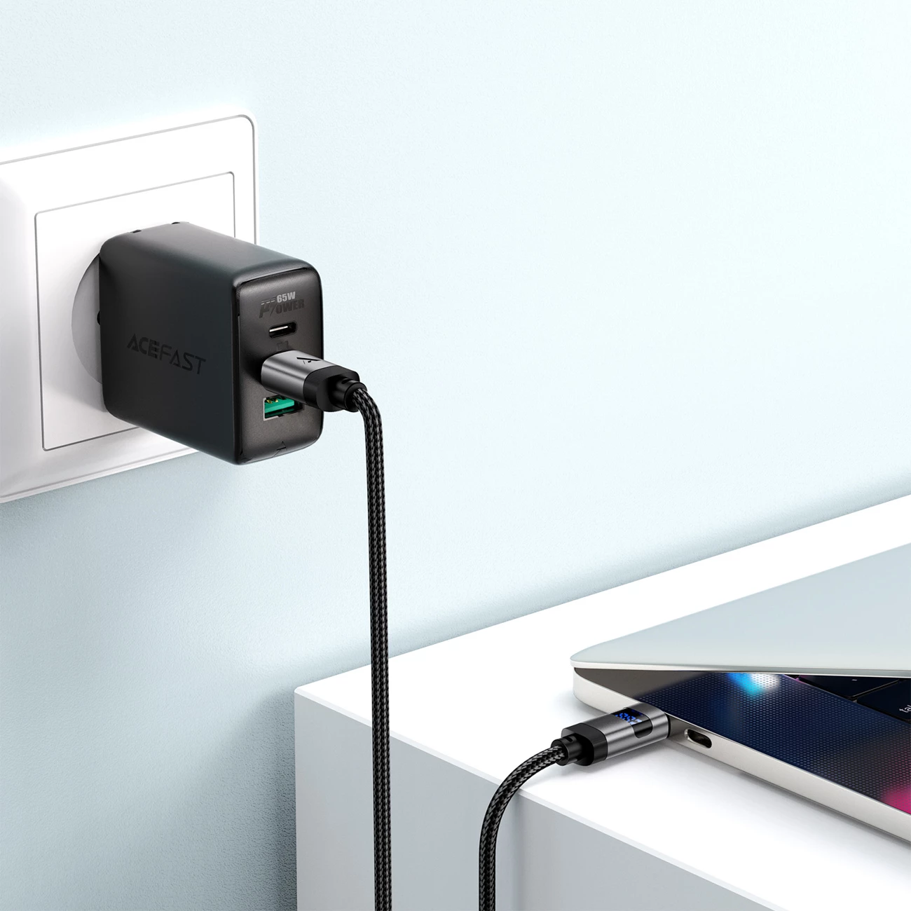 Kabllo Acefast C15-04 USB-C në USB-C me ekran LED, 1.2m, 60W, e zezë